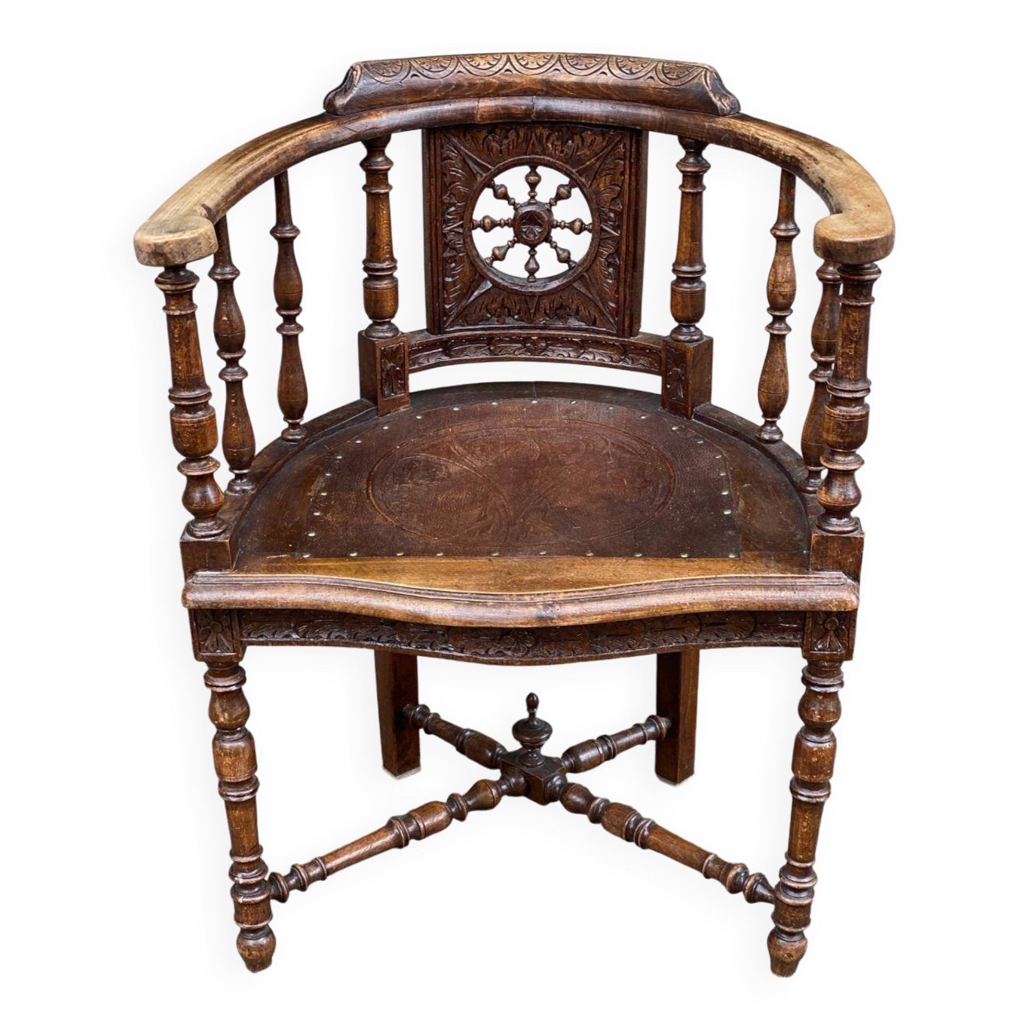 18th century Breton office chair in solid curved and carved wood