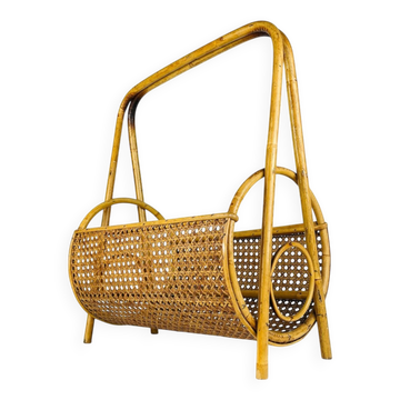 Vintage bamboo and Vienna straw magazine rack, Italy, 1960s.