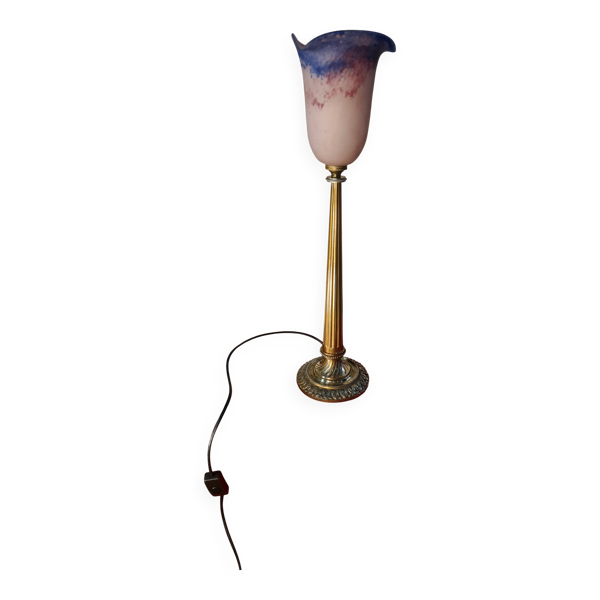 Lampe bronze tulipe pate de verre signé d'Eross