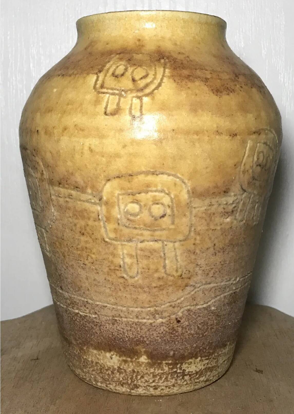 Vase vintage en céramique d’accolay, art brutaliste, signé hubert guy