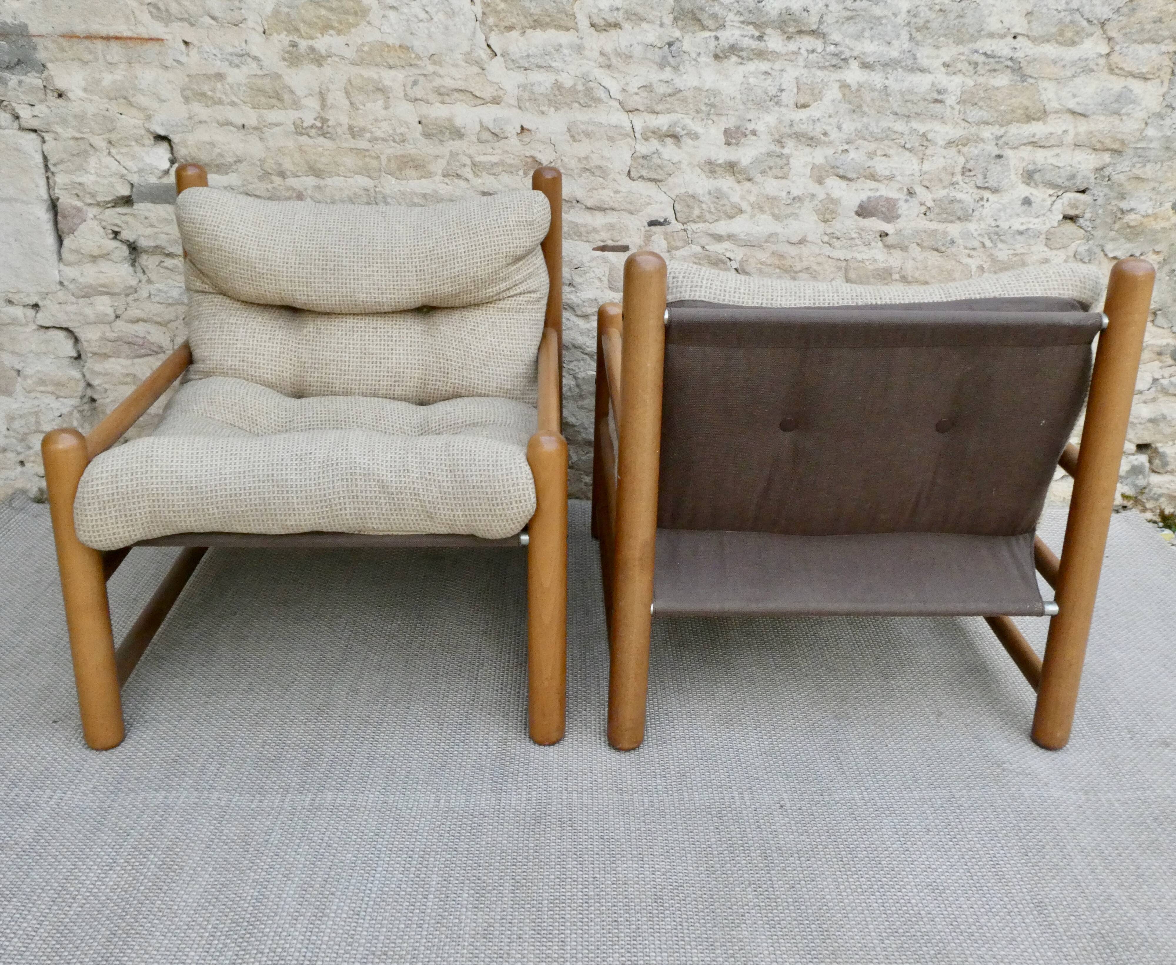 Pair of pine and woolly armchairs, 80s