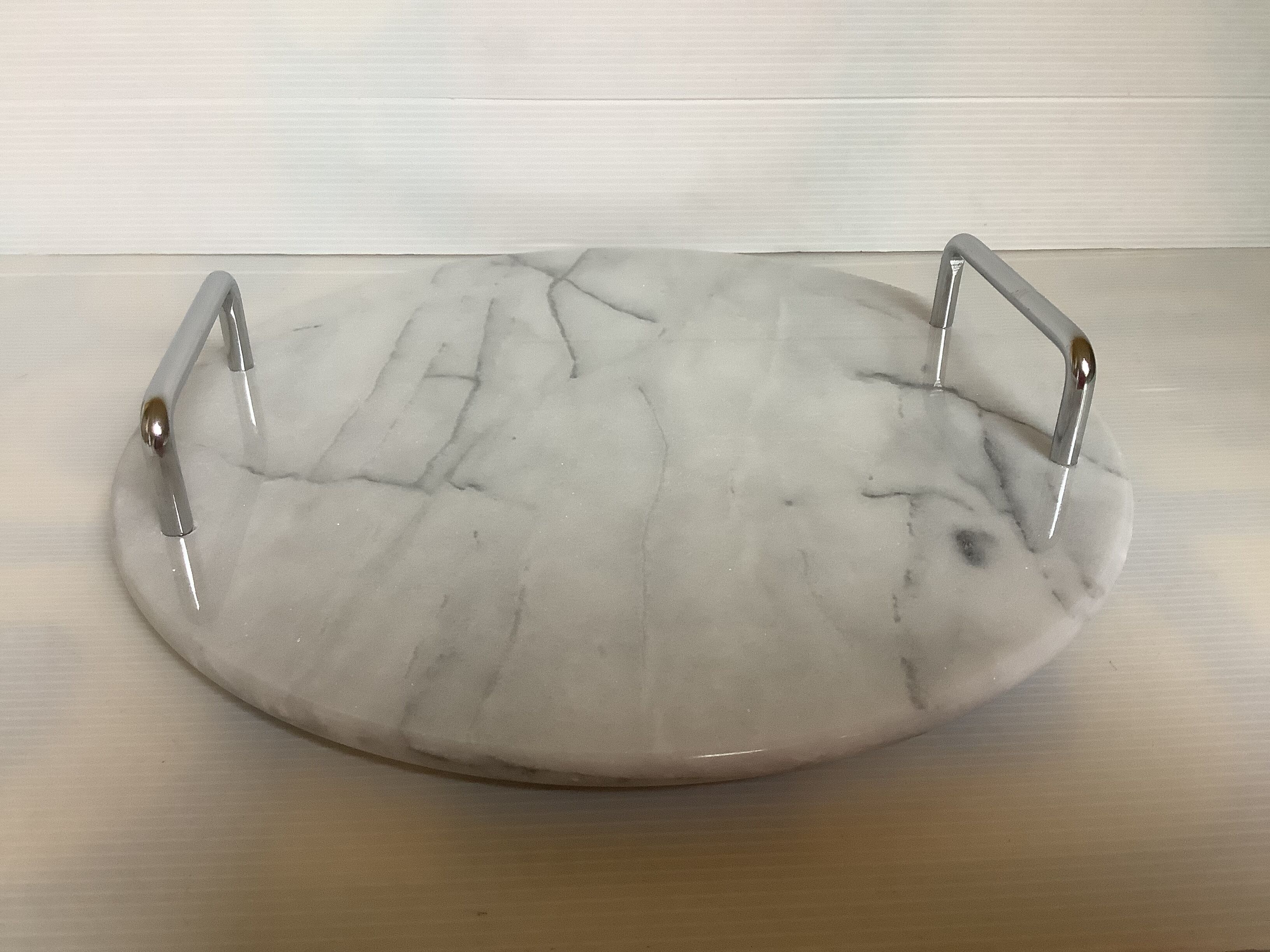 Marble dish with chrome metal handles