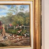 Oil Painting Panel Wood Gilded Hunting English Dog 19th Century