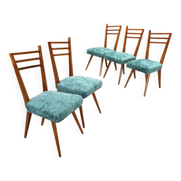 5 chaises vintage en bois et tissu, Italie, années 1950-1960