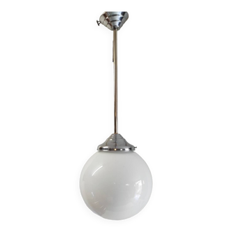 Bauhaus opaline globe and chrome metal pendant light - 50s/60s