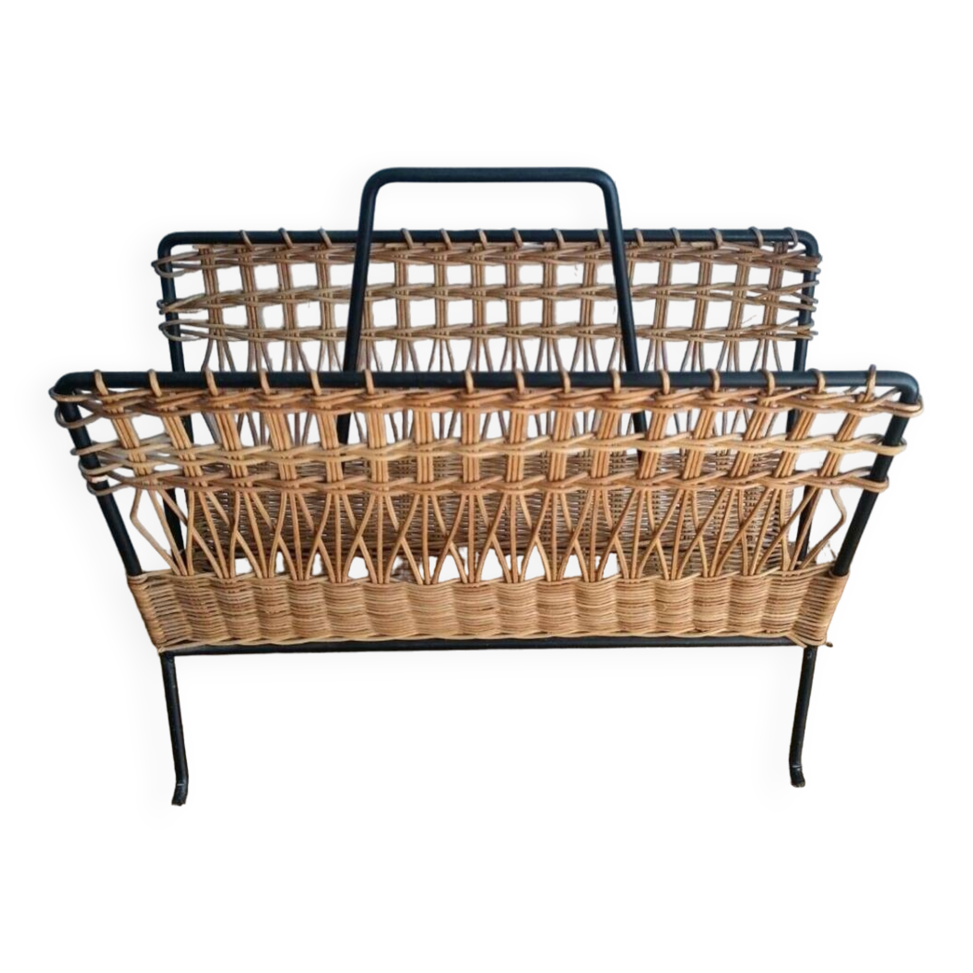 Iron and Rattan Magazine Rack - 1960s - Vintage