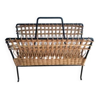 Iron and Rattan Magazine Rack - 1960s - Vintage