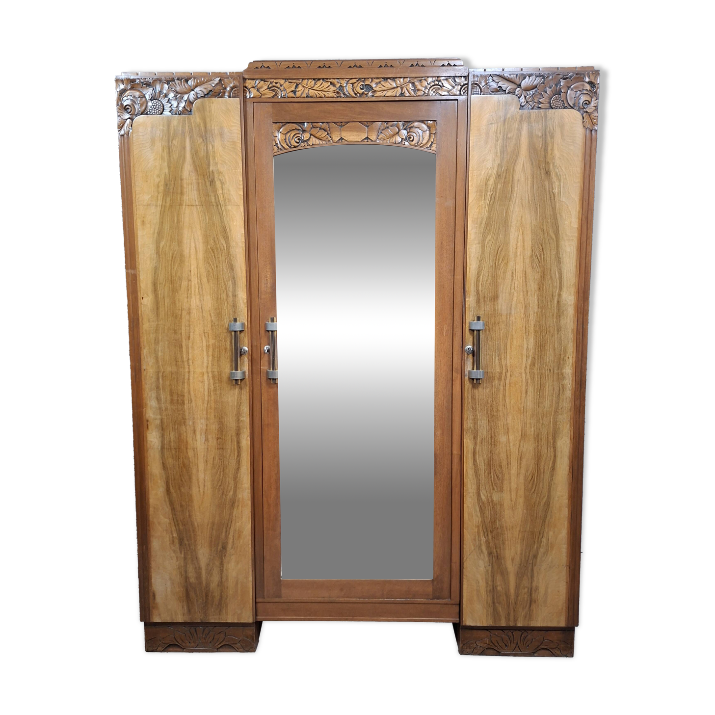 three-door wardrobe in fruitwood veneer, Art Deco style