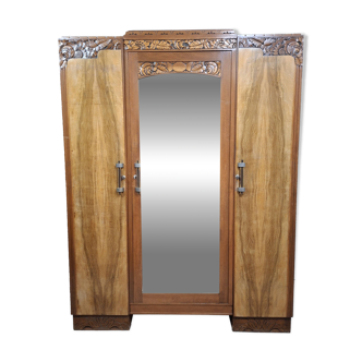 three-door wardrobe in fruitwood veneer, Art Deco style