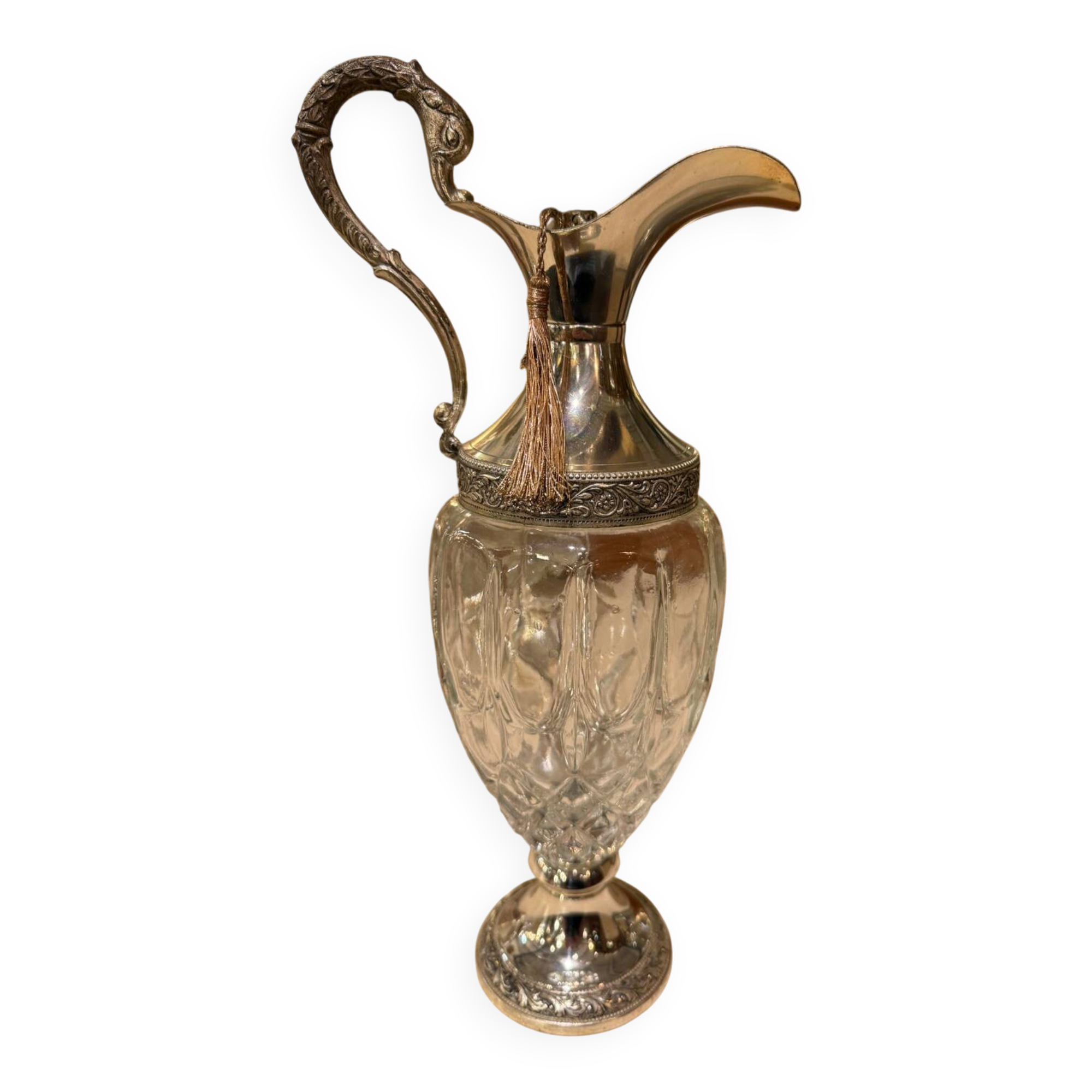 Silver-plated metal and crystal carafe