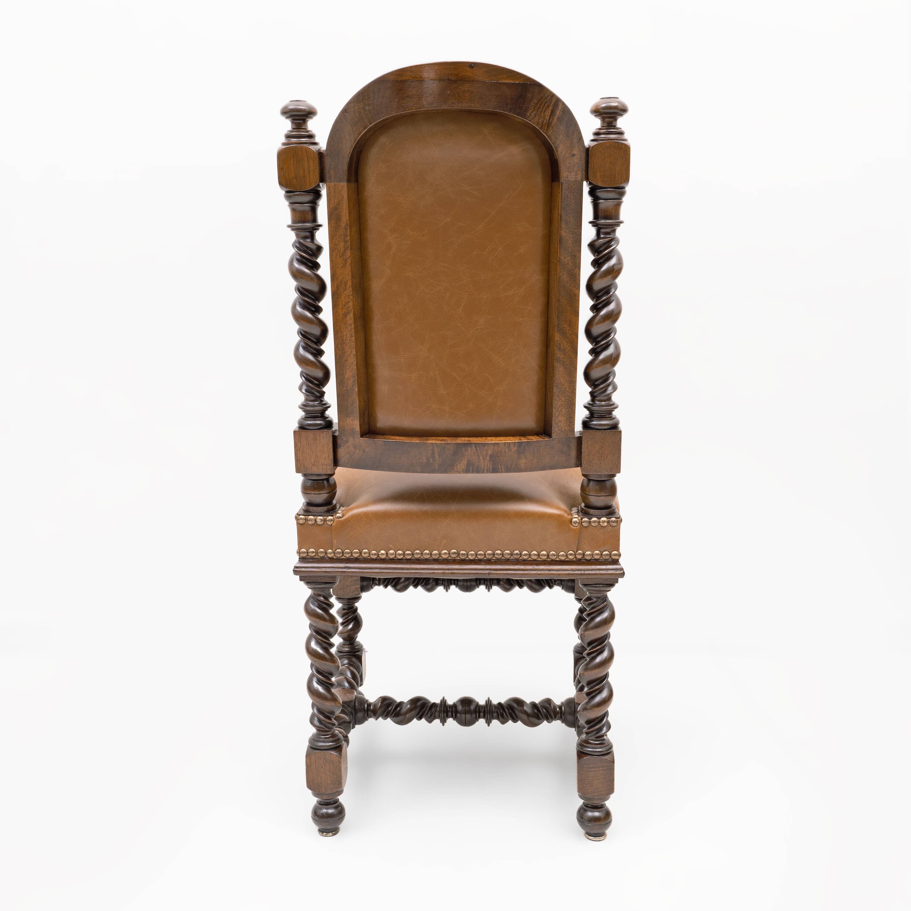 Six Antique Italian Neo-Renaissance Walnut Dining Chairs in Genuine Leather