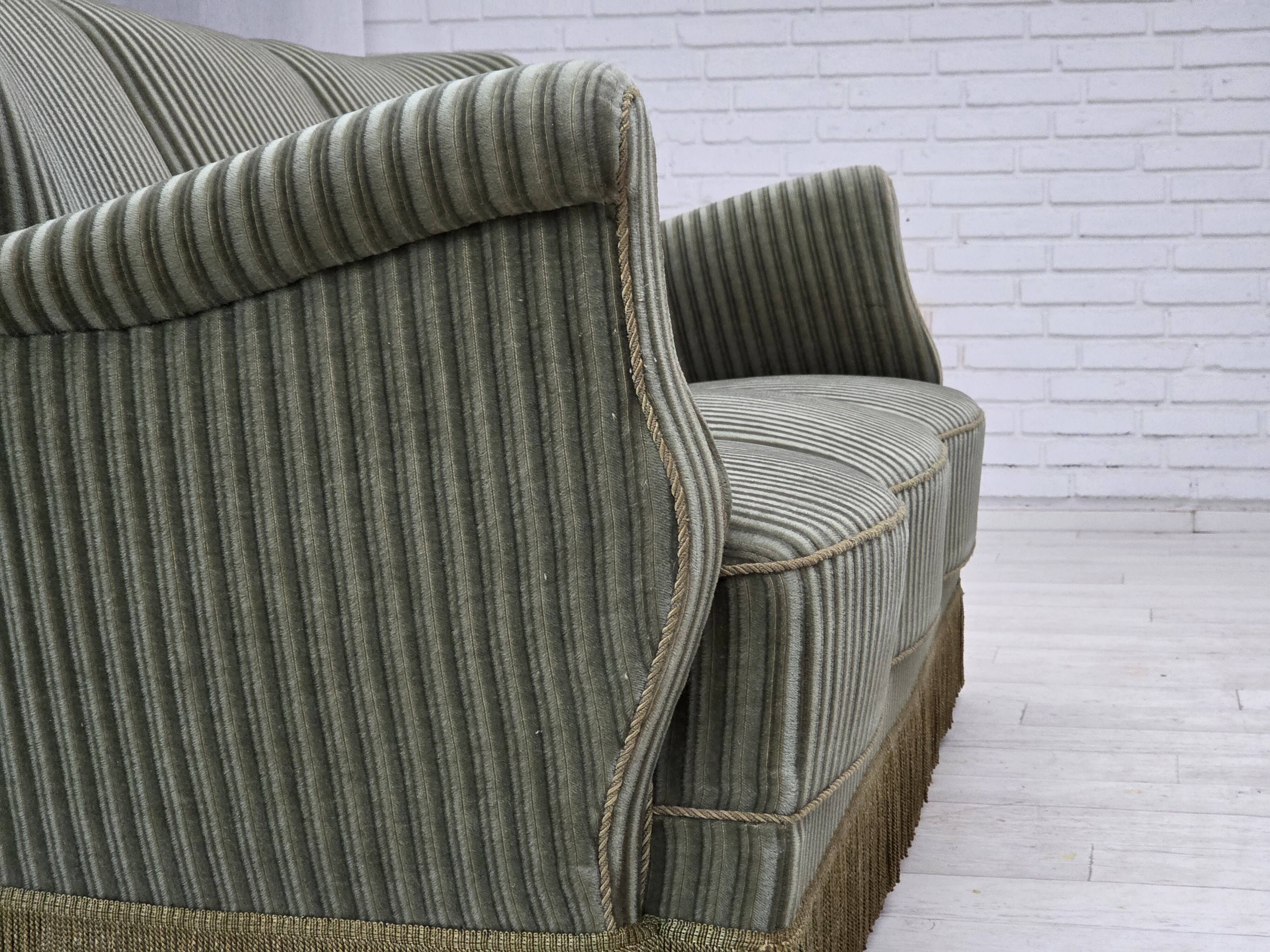 1960s, Danish 3-seater sofa, original green furniture velour, oak wood.