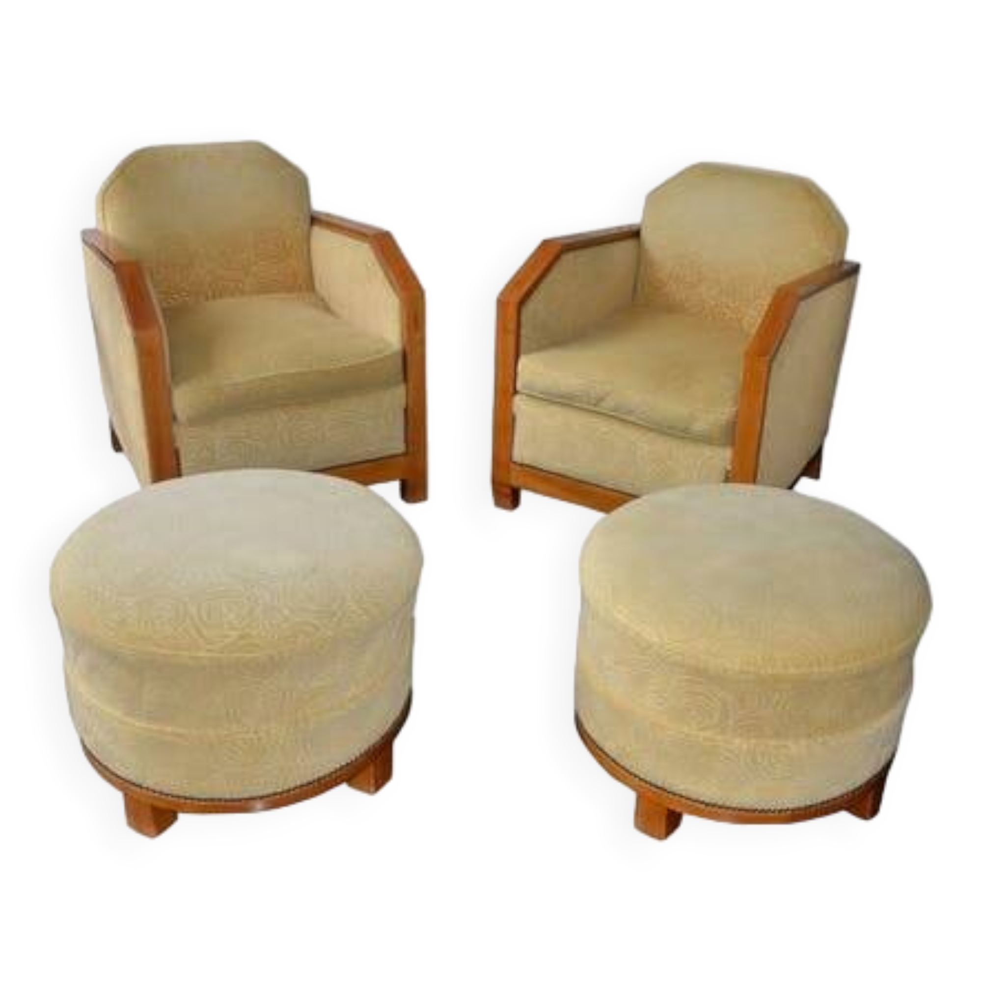 Pair of Art Deco armchairs and poufs