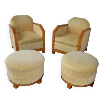 Paire de fauteuils et poufs art-déco