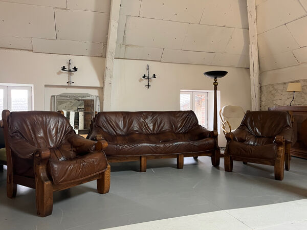 Ensemble Canapé et 2 Fauteuils Années 60 en Bois et Cuir