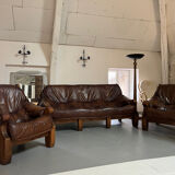 1960s Sofa and 2 Armchairs Set in Wood and Leather