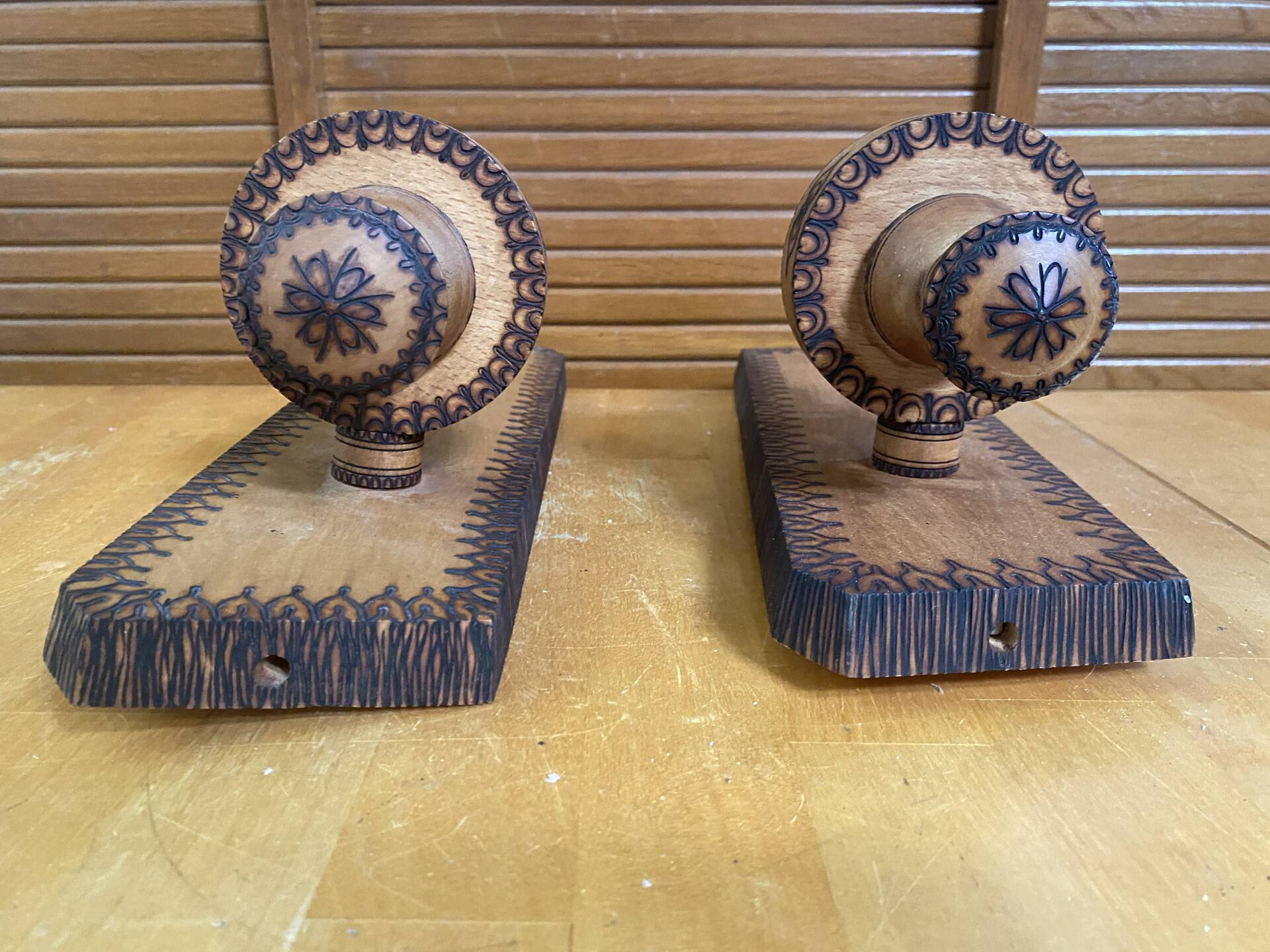 Pair of Vintage Pyrographed Wood Torch Wall Lights Mountain Style #