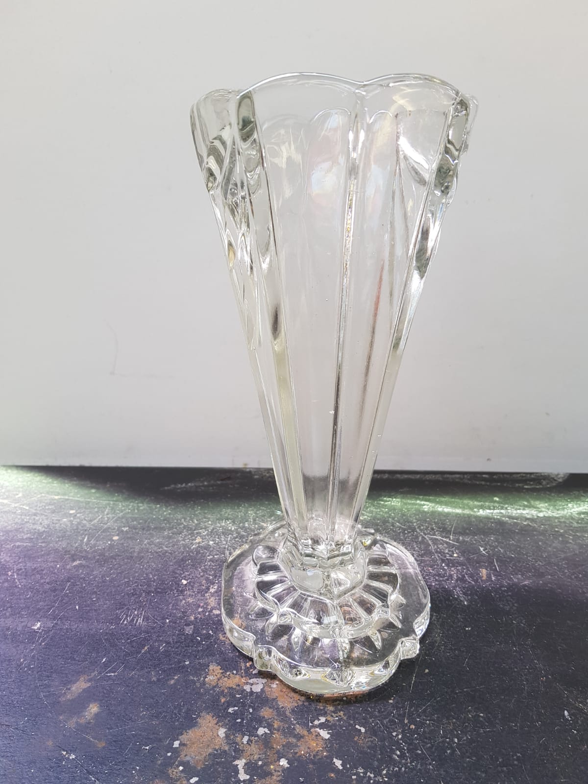 Old art deco vase transparent molded glass vintage decoration