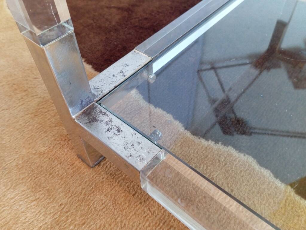 80s Lucite, Glass and Metal Coffee Table
