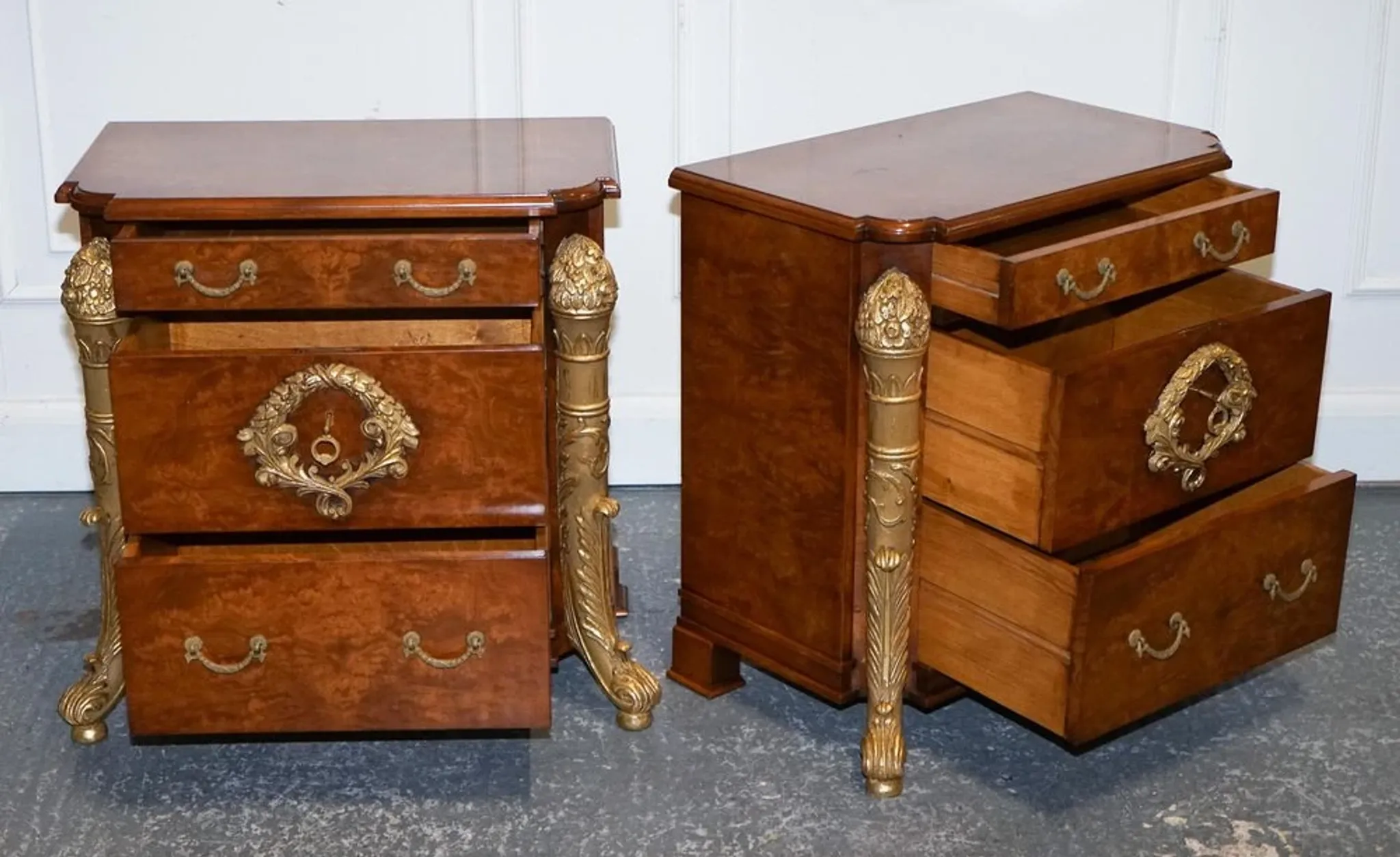 Empire Style Nightstands in Golden Walnut Burl, Set of 2