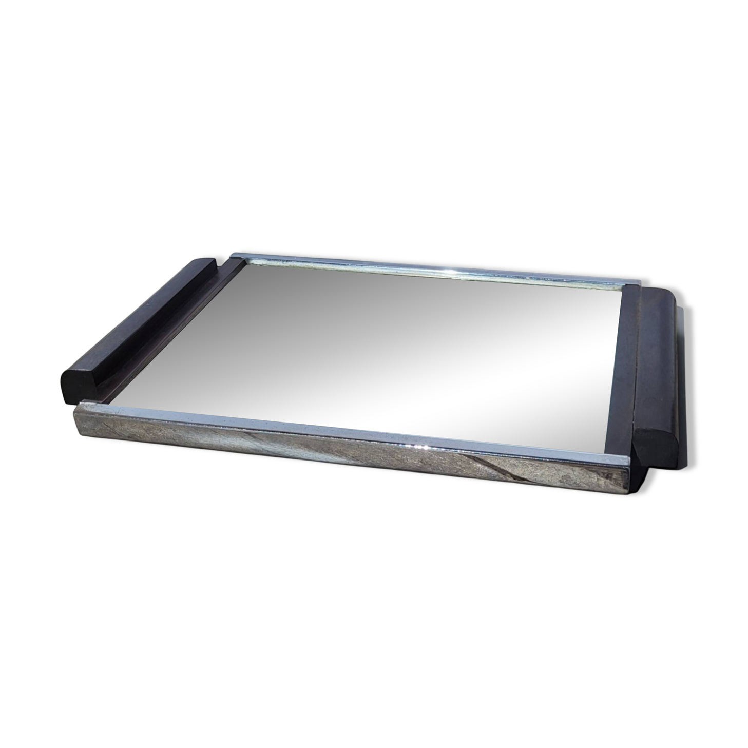 Art Deco mirror plateau in chrome metal and Macassar wood.