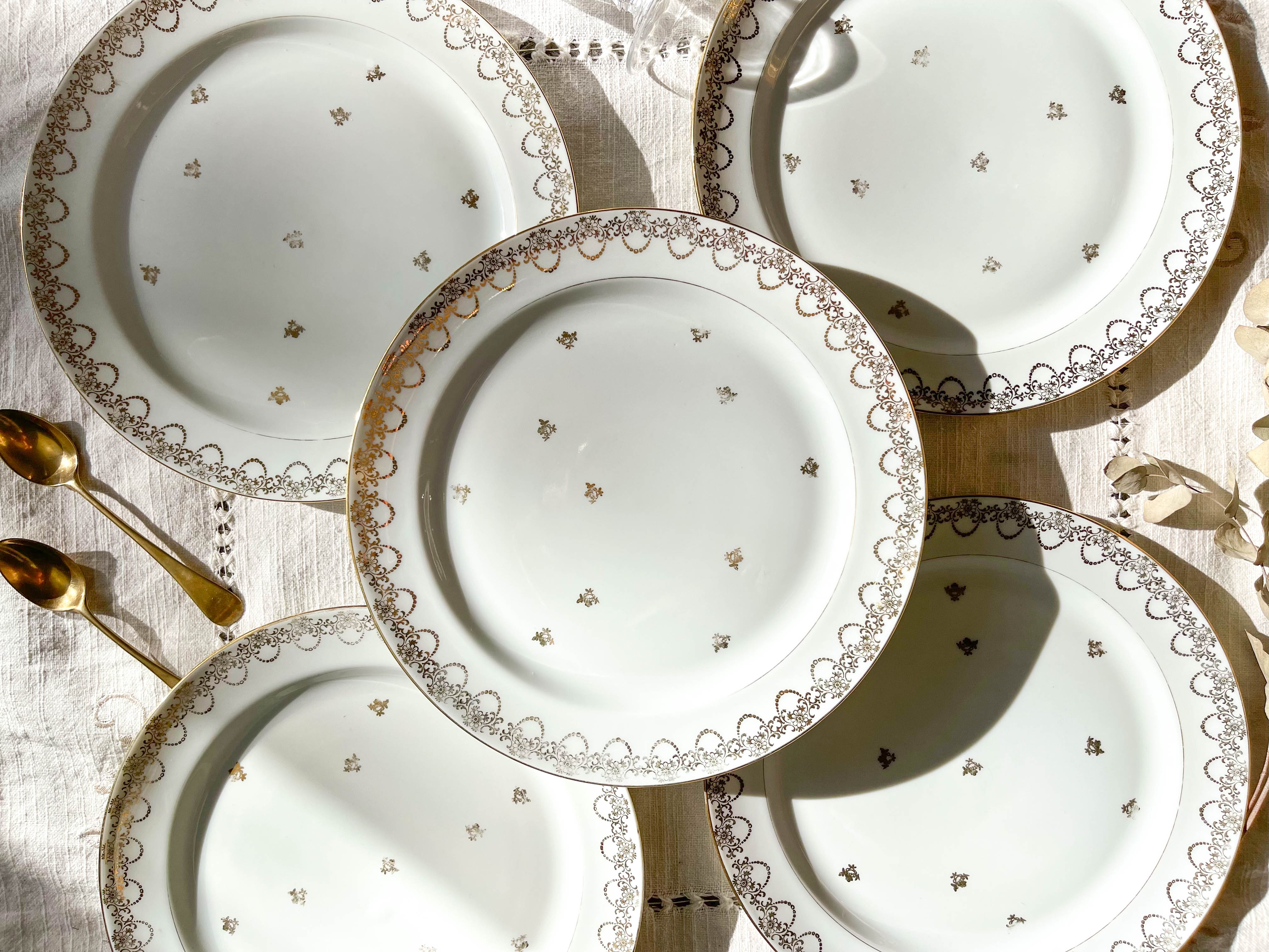 10 Mismatched Porcelain Plates ~ White Gold Porcelain Plates ~ LIMOGES Plates ~ Dishes