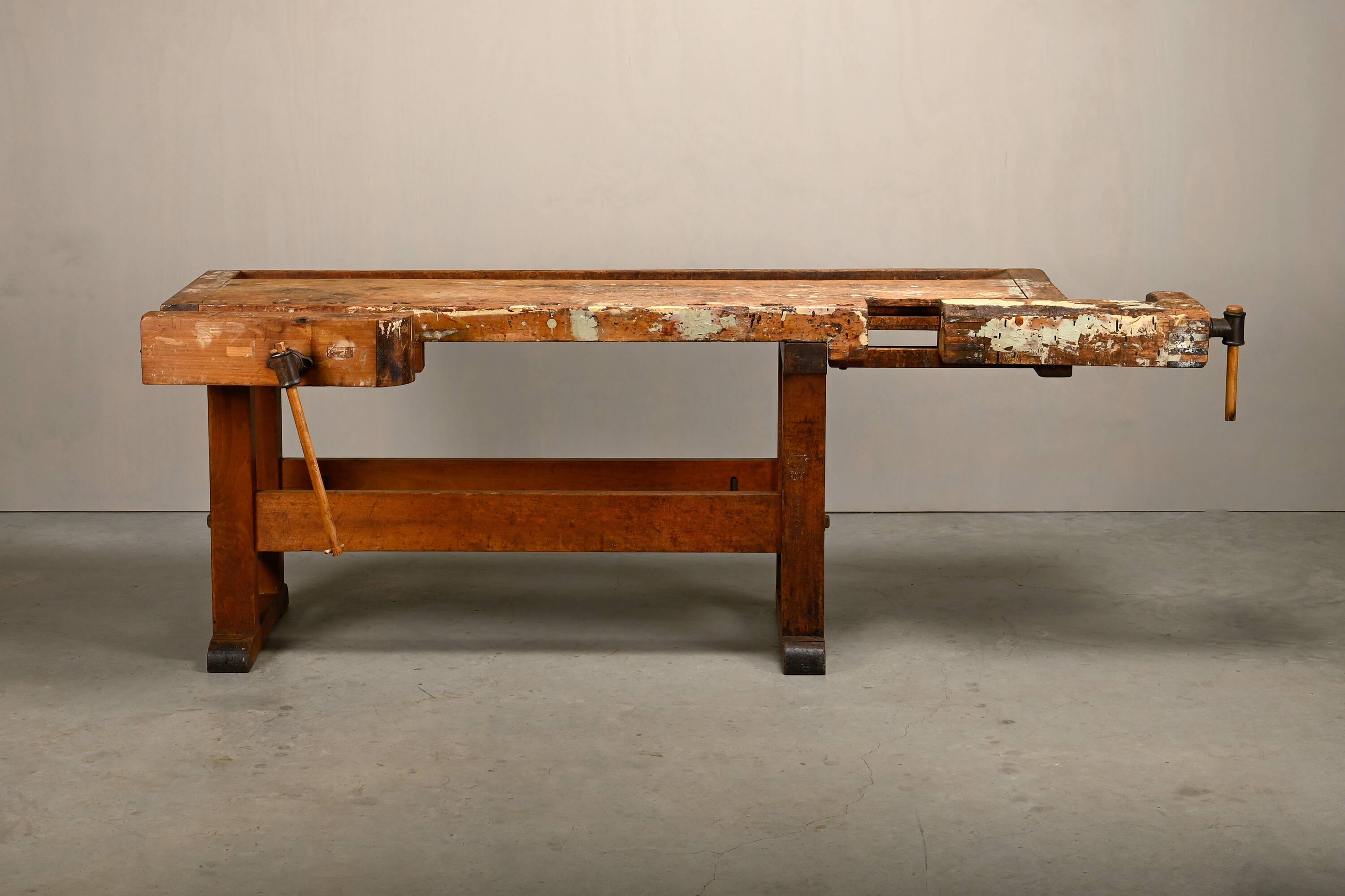 Vintage Wooden Industrial Rustic Carpenter’s Workbench with Two Vises