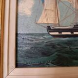 Old painting, oil on wood, schooner at sea, dated 1953, signed.