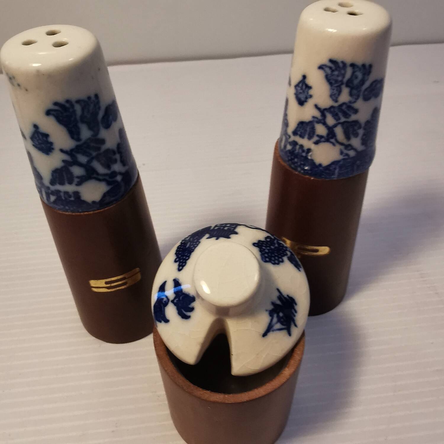 Vintage salt shaker, pepper shaker and mustard pot set in wood and ceramic