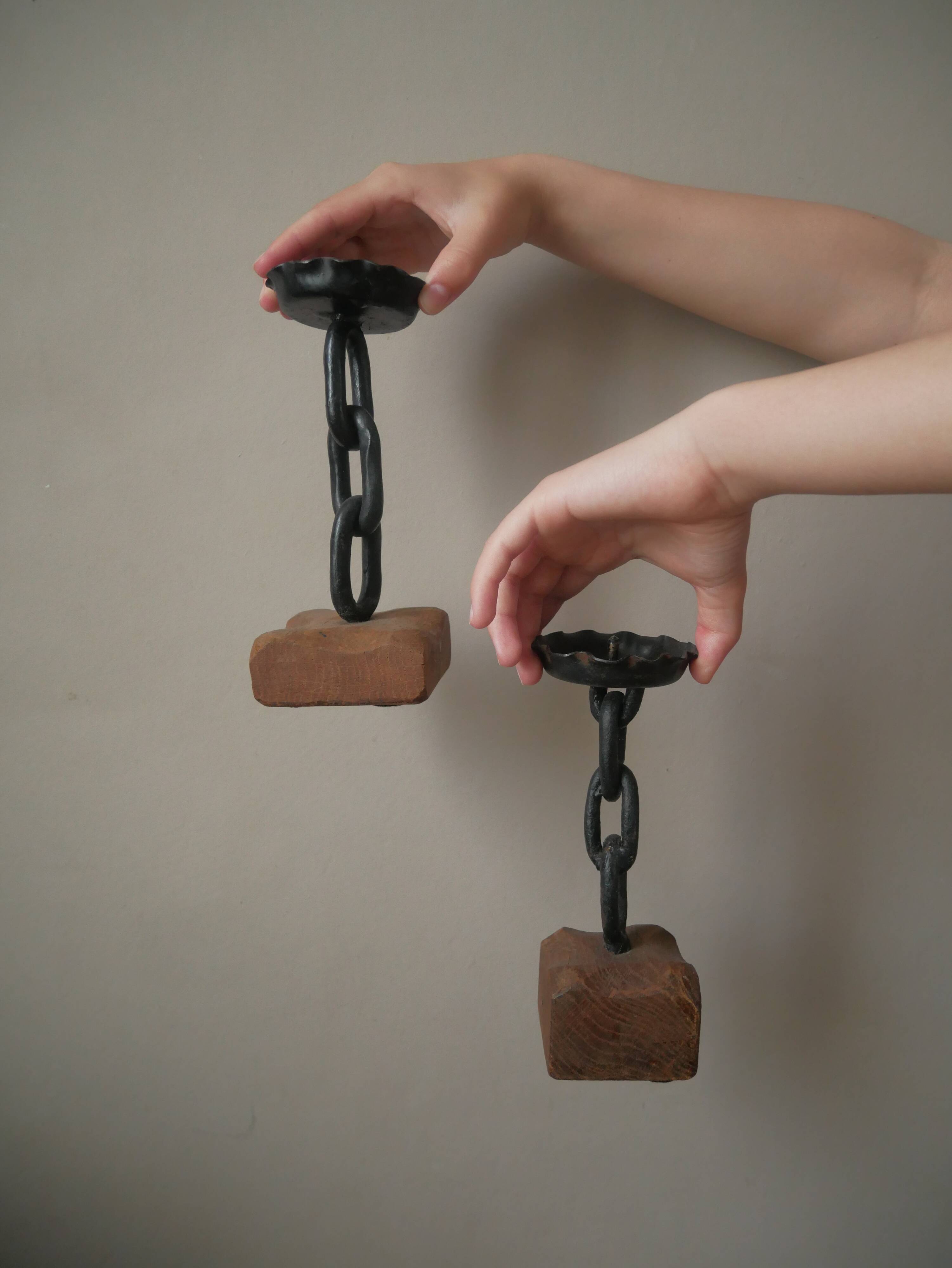 Pair of brutalist design candlesticks wood metal candelabra candlesticks handcrafted