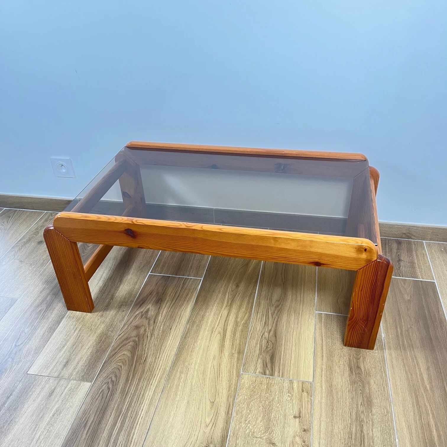 Pine coffee table with smoked glass top, 1970s/80s.