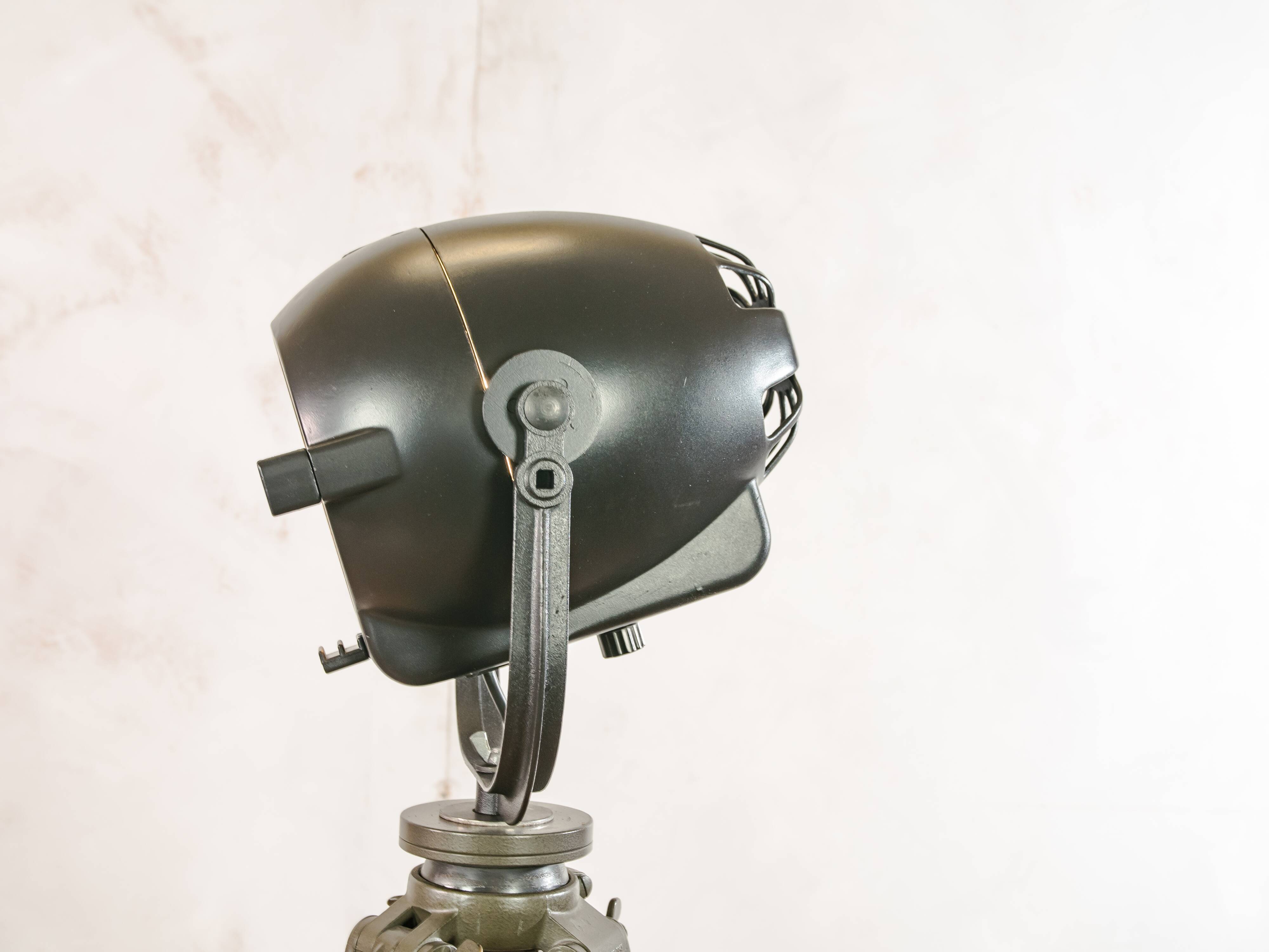 Vintage 1950s Strand Electric Patt 123 Theatre lamp on an old Wooden Army Surveyors Tripod