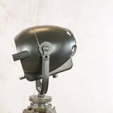 Vintage 1950s Strand Electric Patt 123 Theatre lamp on an old Wooden Army Surveyors Tripod