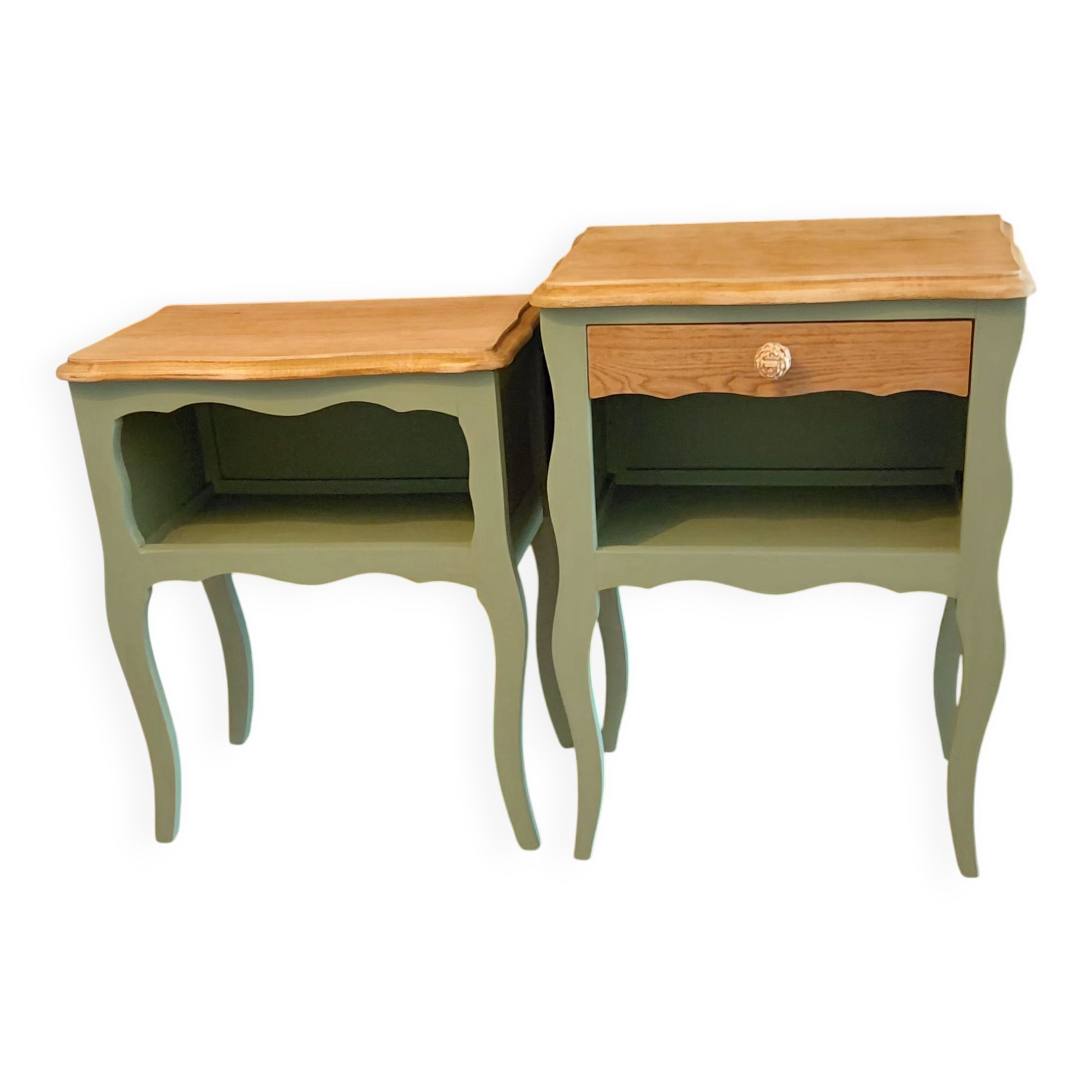 Upcycled Louis XV bedside tables – Sage green, wood and wicker
