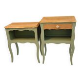 Pair of upcycled Louis XV bedside tables – Sage green, wood and wicker
