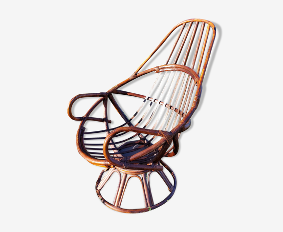 Vintage swivel armchair in bamboo and rattan