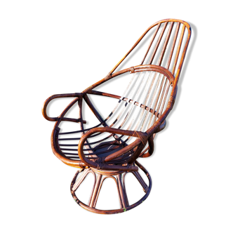 Fauteuil vintage pivotant en bambou et rotin