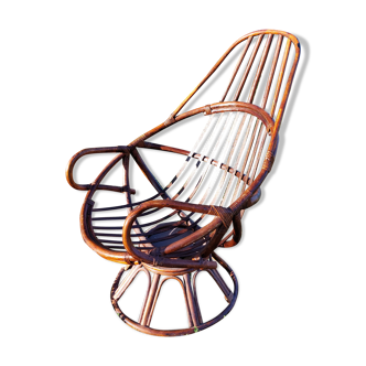 Vintage swivel armchair in bamboo and rattan