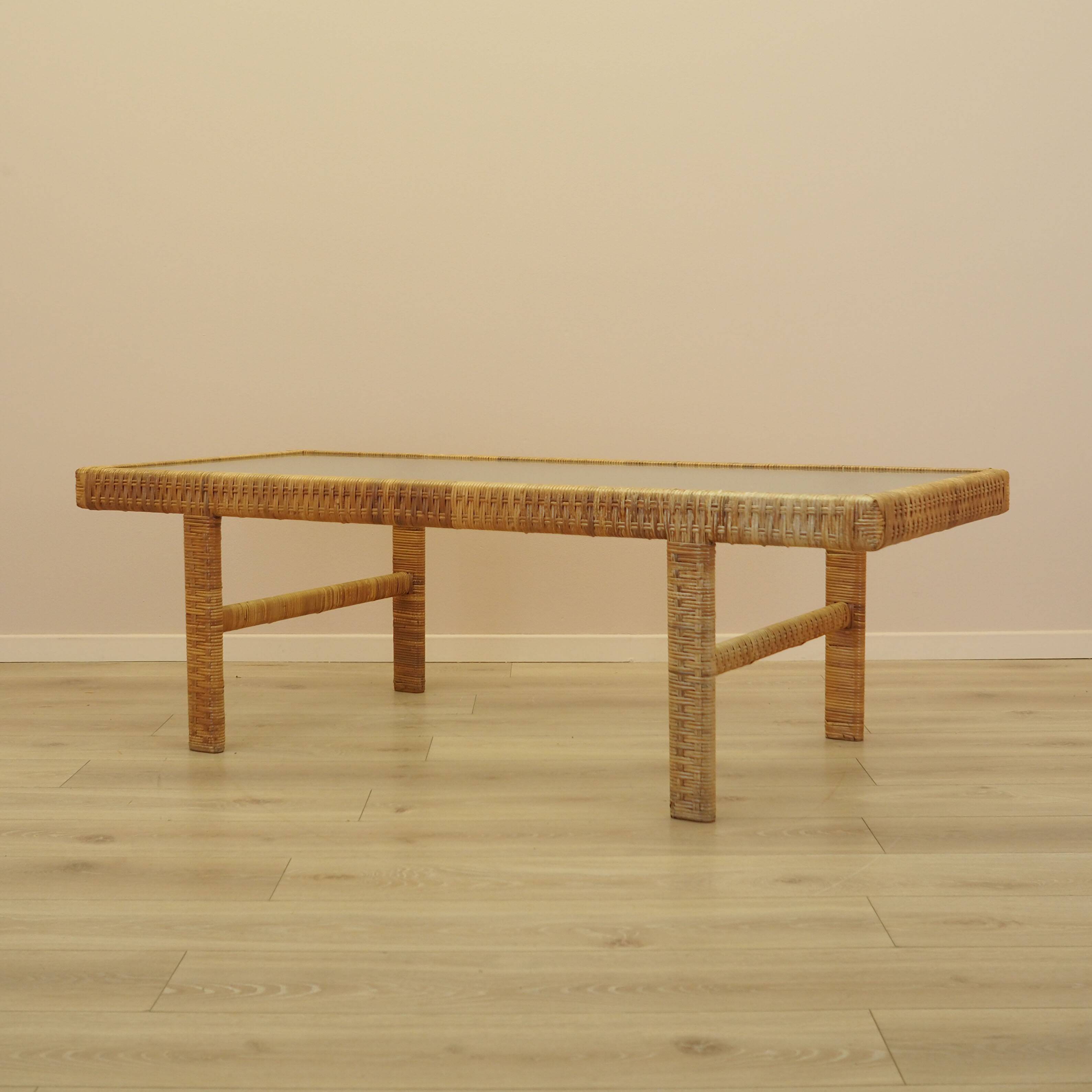 Glass and wicker side table, Danish design, 1970s, made in Denmark