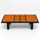 Vintage coffee table in wood burl and black lacquer, geometric inlay.