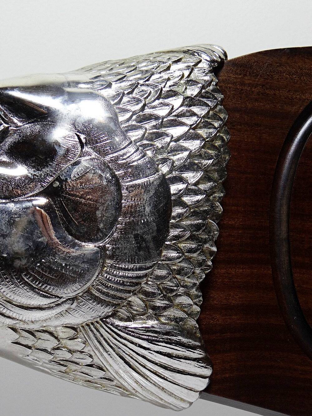 Large vintage 1960s wooden and silver-plated metal salmon serving tray