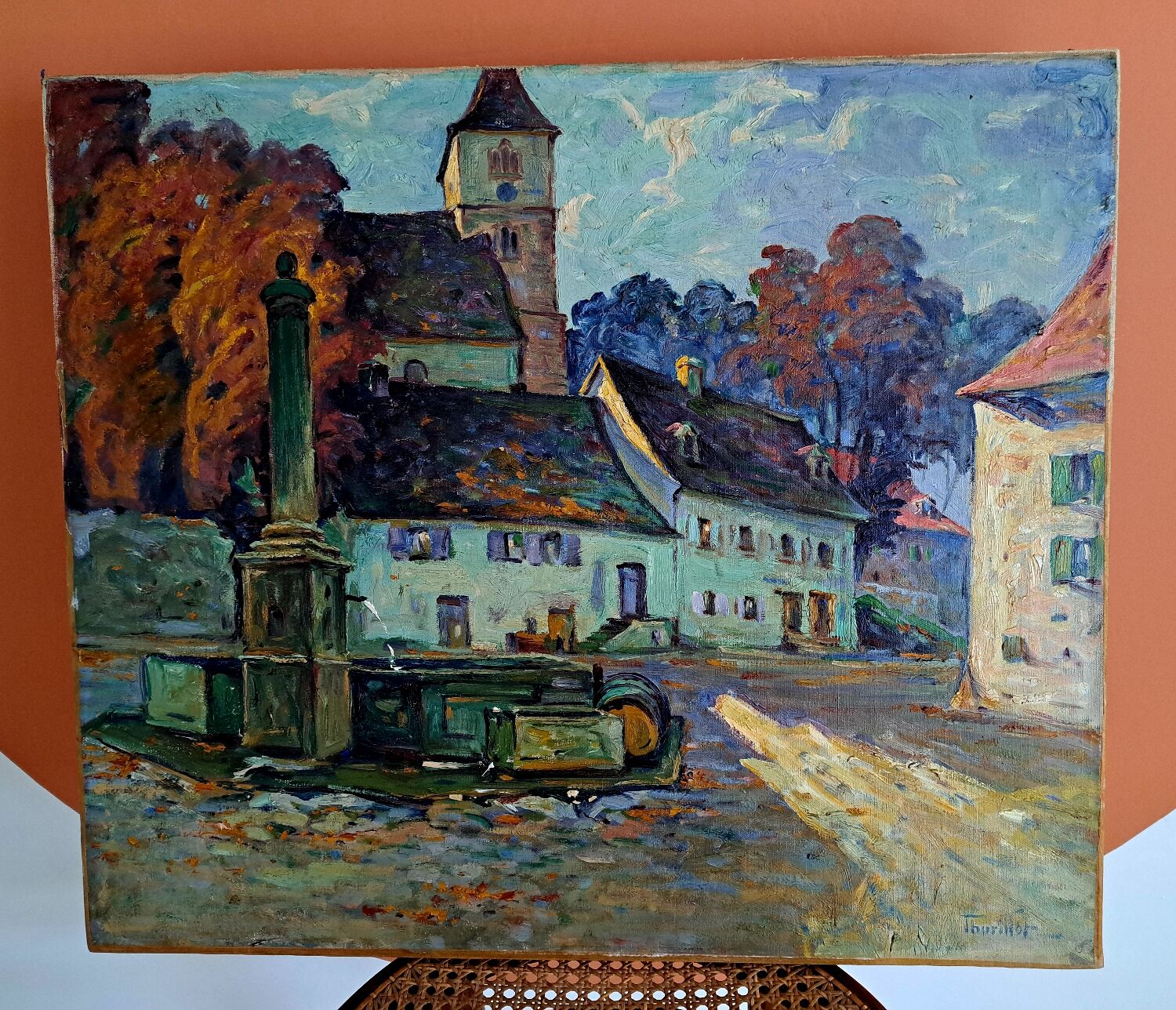 Oil on canvas Place de vilage fontaine
