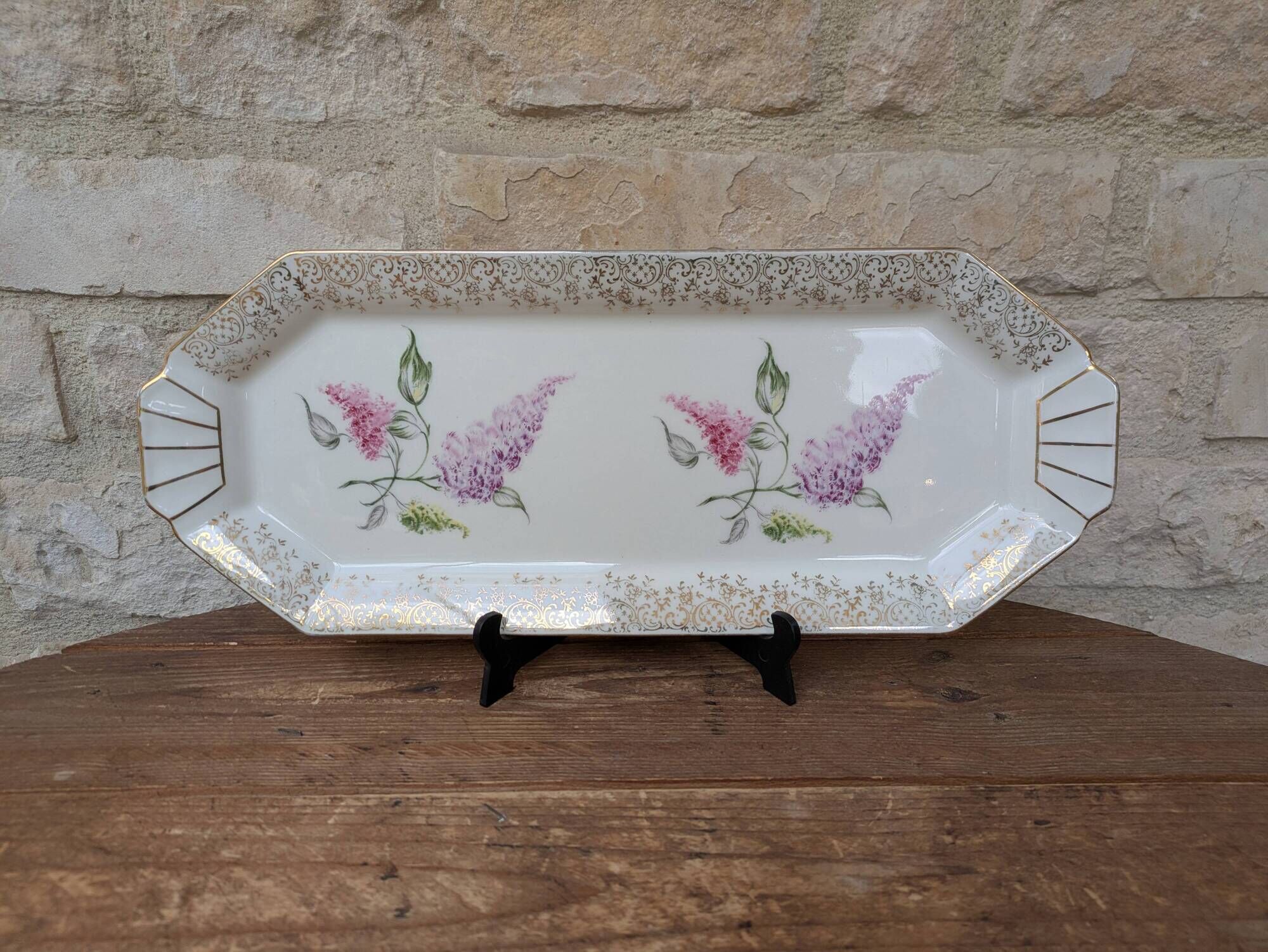 Limoges enamel porcelain cake dish LF with lilac flower decoration.