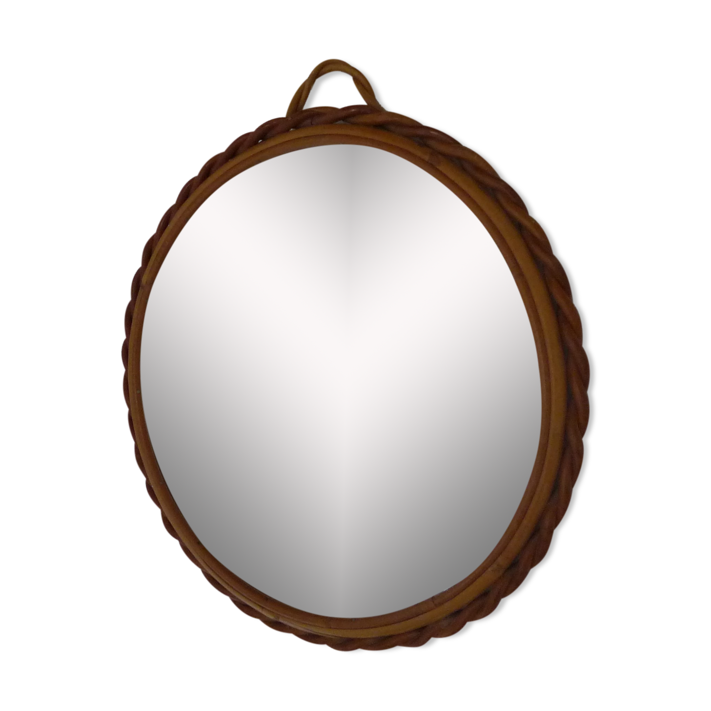 Small round mirror with rattan frame, vintage 70s