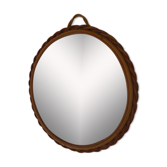 Small round mirror with rattan frame, vintage 70s