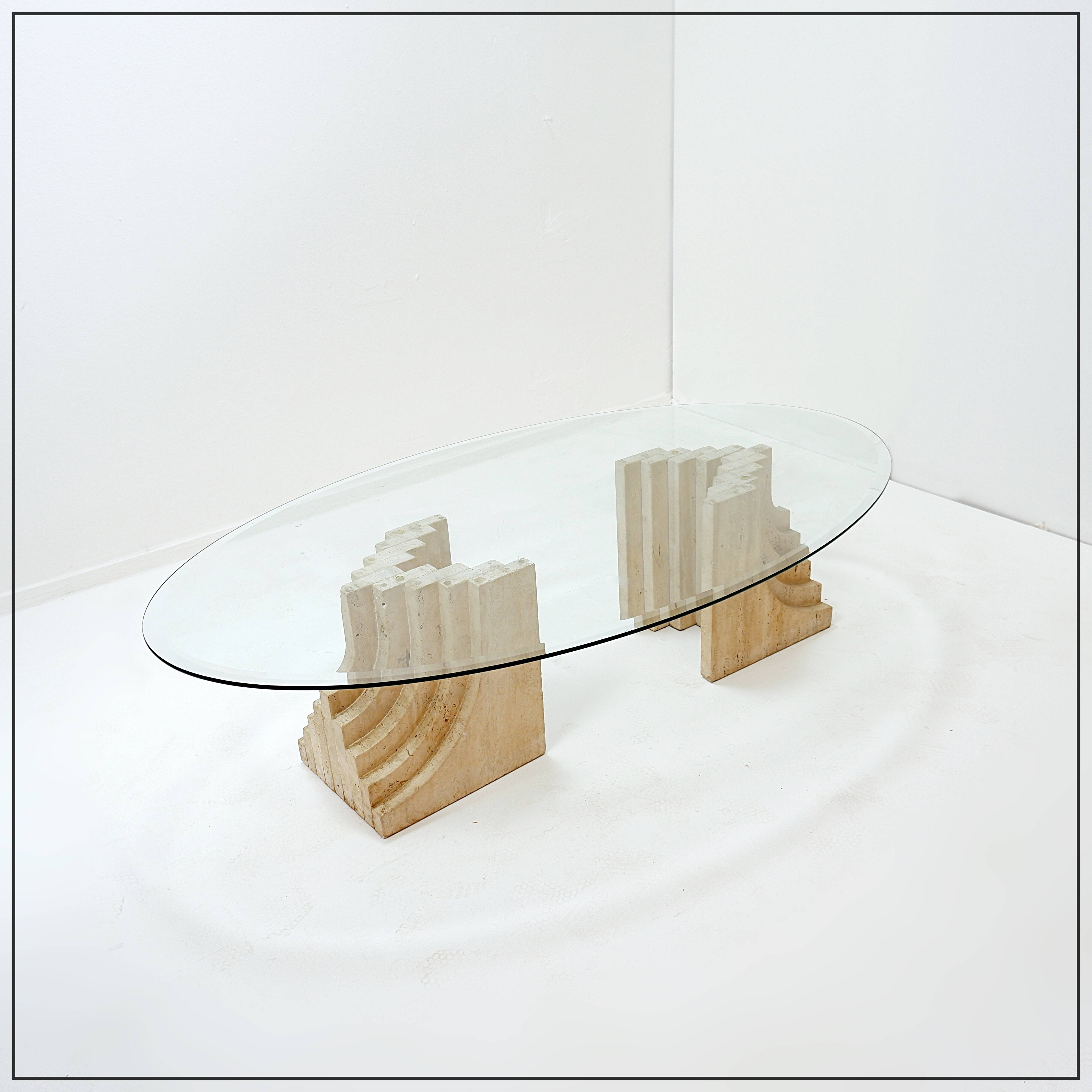 Sculptural Glass and Travertine coffee table