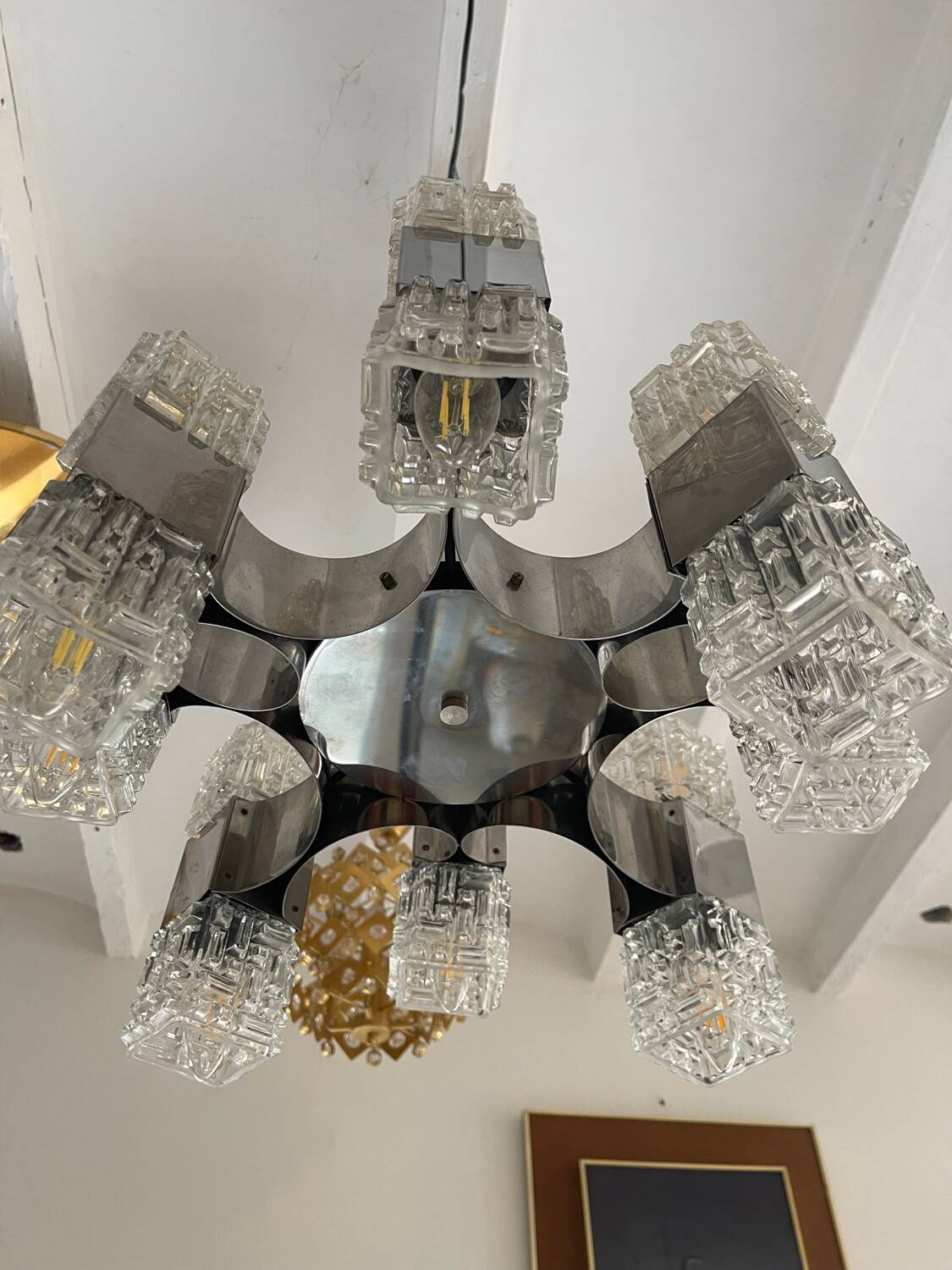 Sciolari 16-light glass and chrome chandelier, Italy 1970