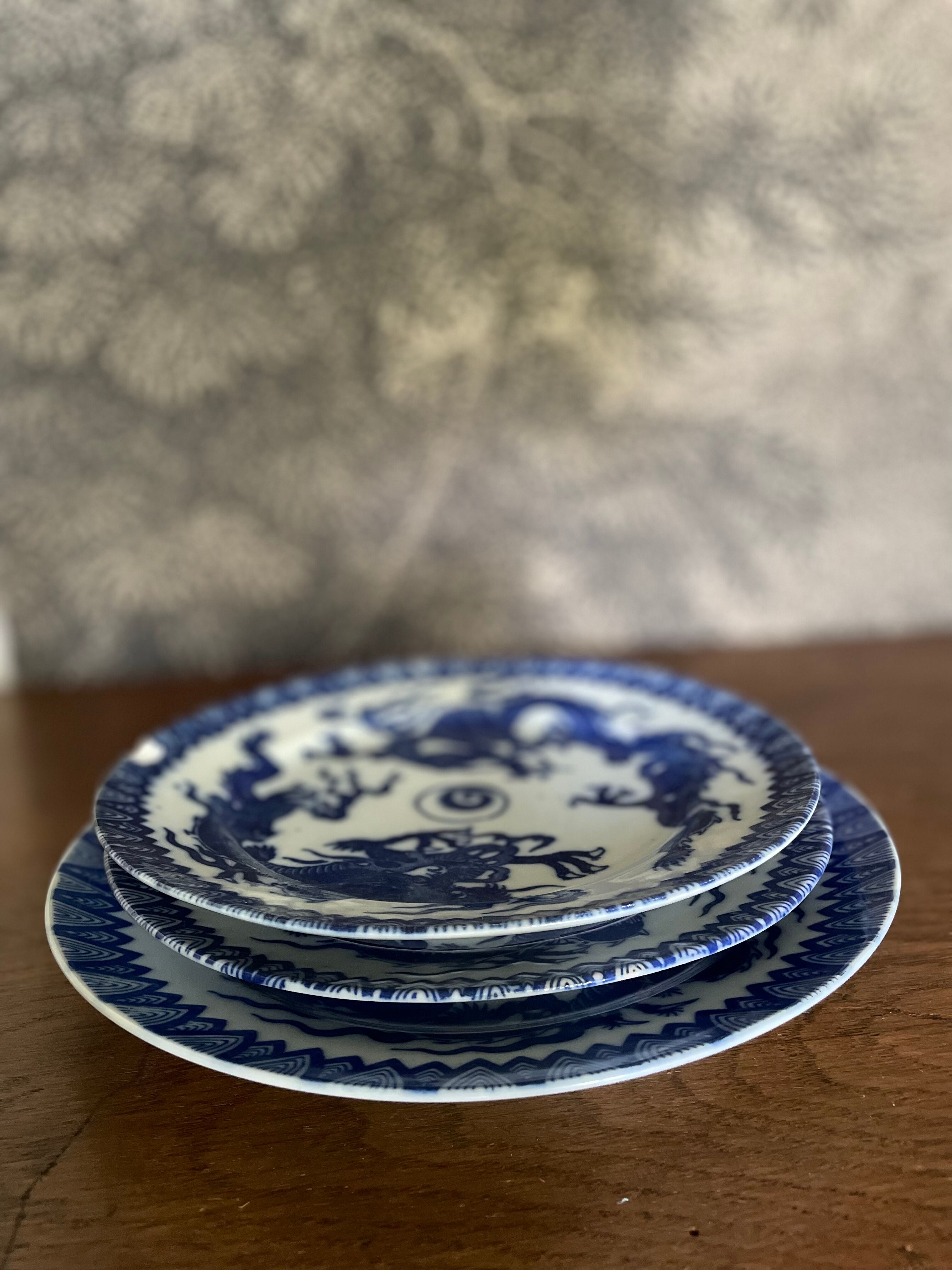 Asian porcelain plates decorated with blue dragons