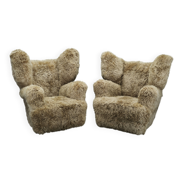 Rare Pair of Monumental Art Deco Skandilock Sheepskin Wingback Chairs 1930s