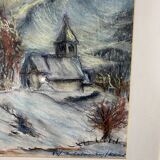 Pastel "chapel under the snow" signed
